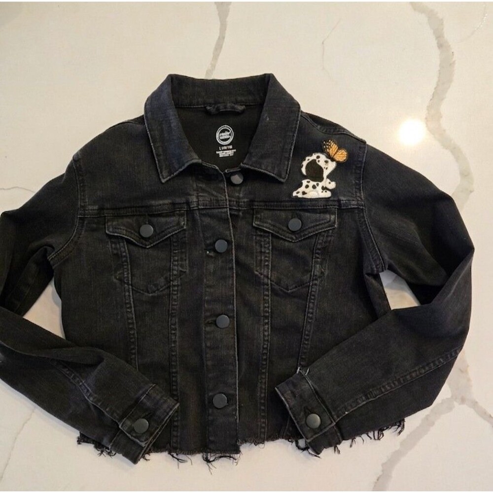 Wonder Nation L 10-12 Puppy Denim Jacket Kids Girls Black Frayed Patch Trucker